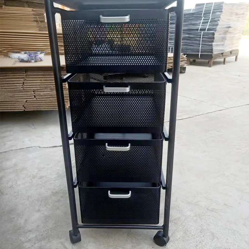 Household 3 Layers Drawer Square Rack Standing Type Hollow Movable Storage Shelf Breathable Vegetables Sundries Sorting Trolley