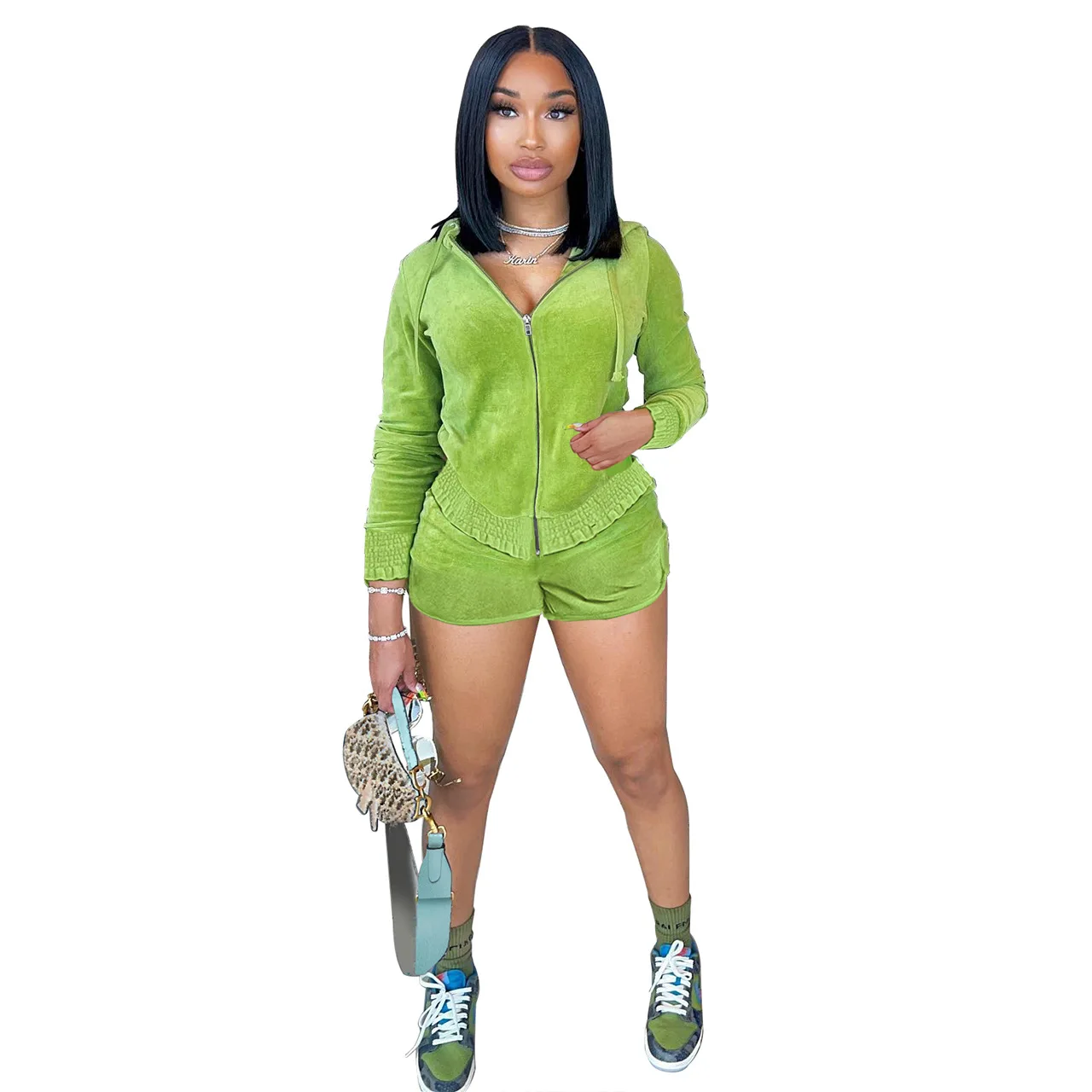 Fall 2022 Women Clothes 2 Piece Velvet Set Women Velour Shorts And Jacket 2 Piece Jogger Set Sportswear Two Piece Tracksuits Set