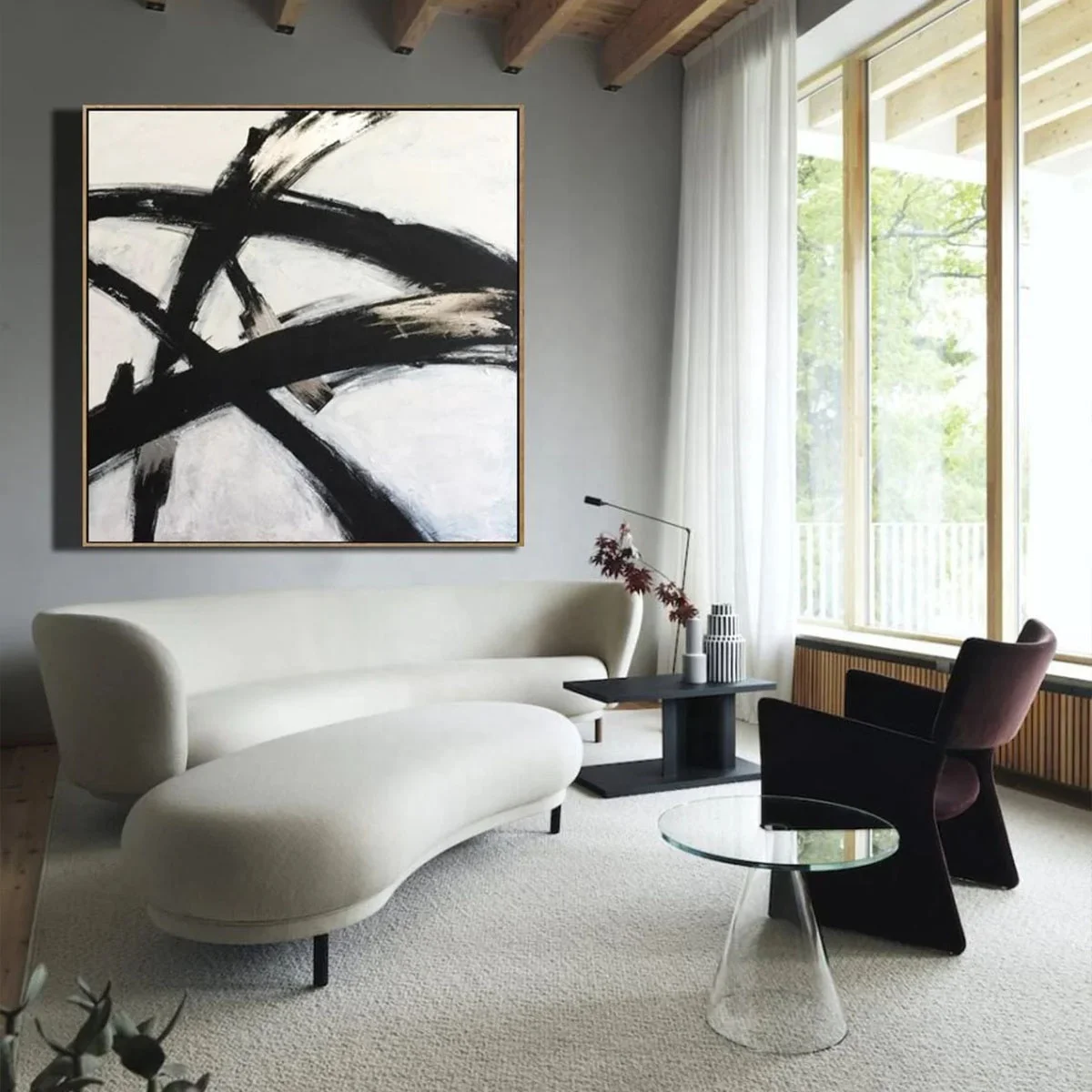 Custom Oil Painting art Abstract Franz Kline style Painting in black glare Black and White wall art decor for living room