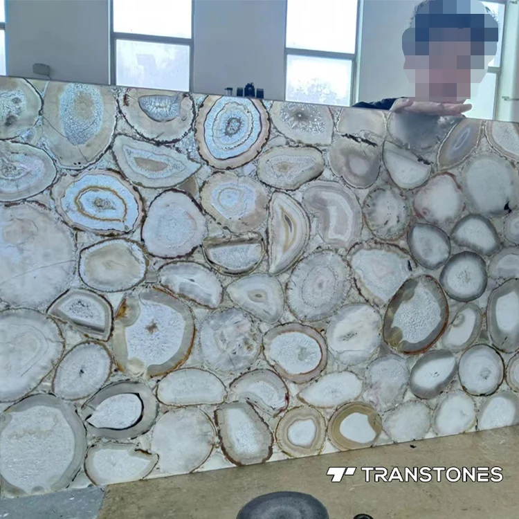 Natural Agate Kitchen Island White Onyx Translucent Wall Panel Glossy Agate Tile Luxury Home Decor