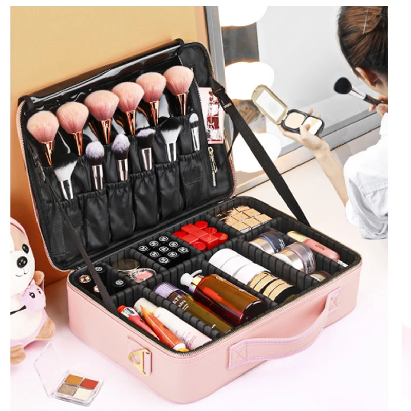M size Professional cosmetic makeup bag organizer makeup box  with shoulder strap