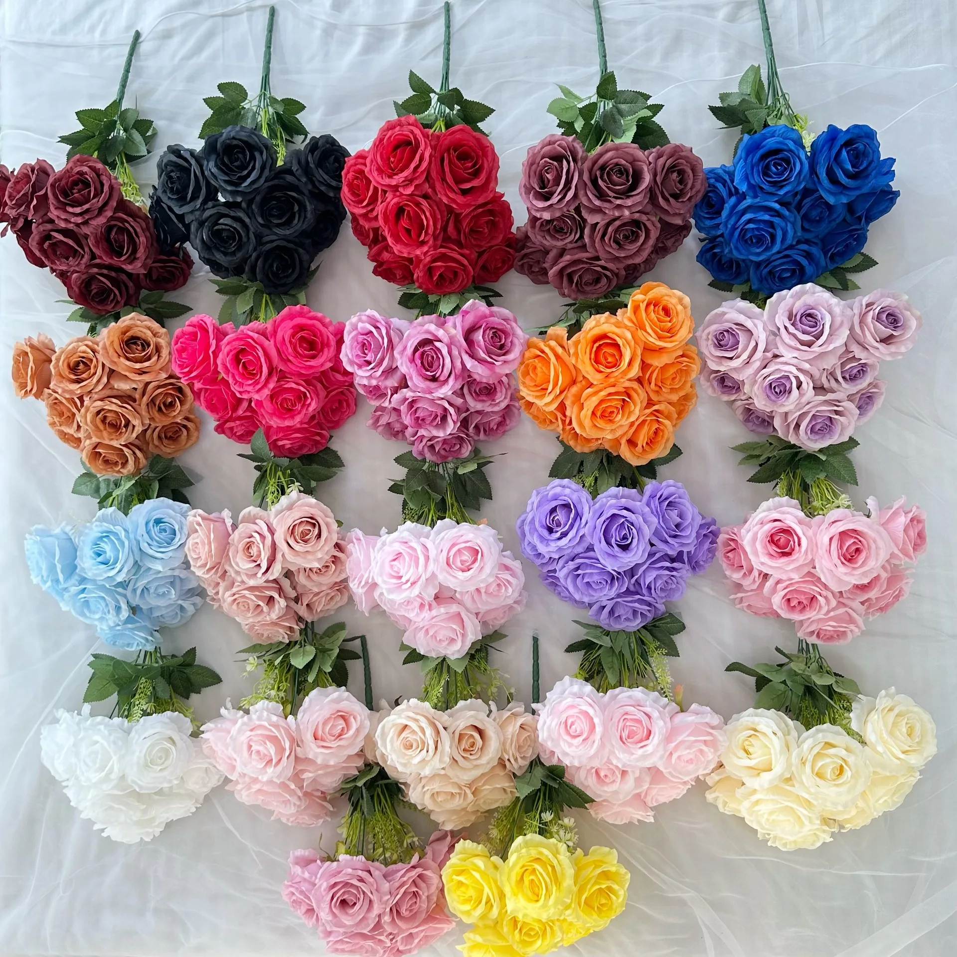 Wholesale 9 Heads Flowers Bunch Red Roses Blue Crystal Rose Heads Silk Flowers Real Black Decor Artificial Flower