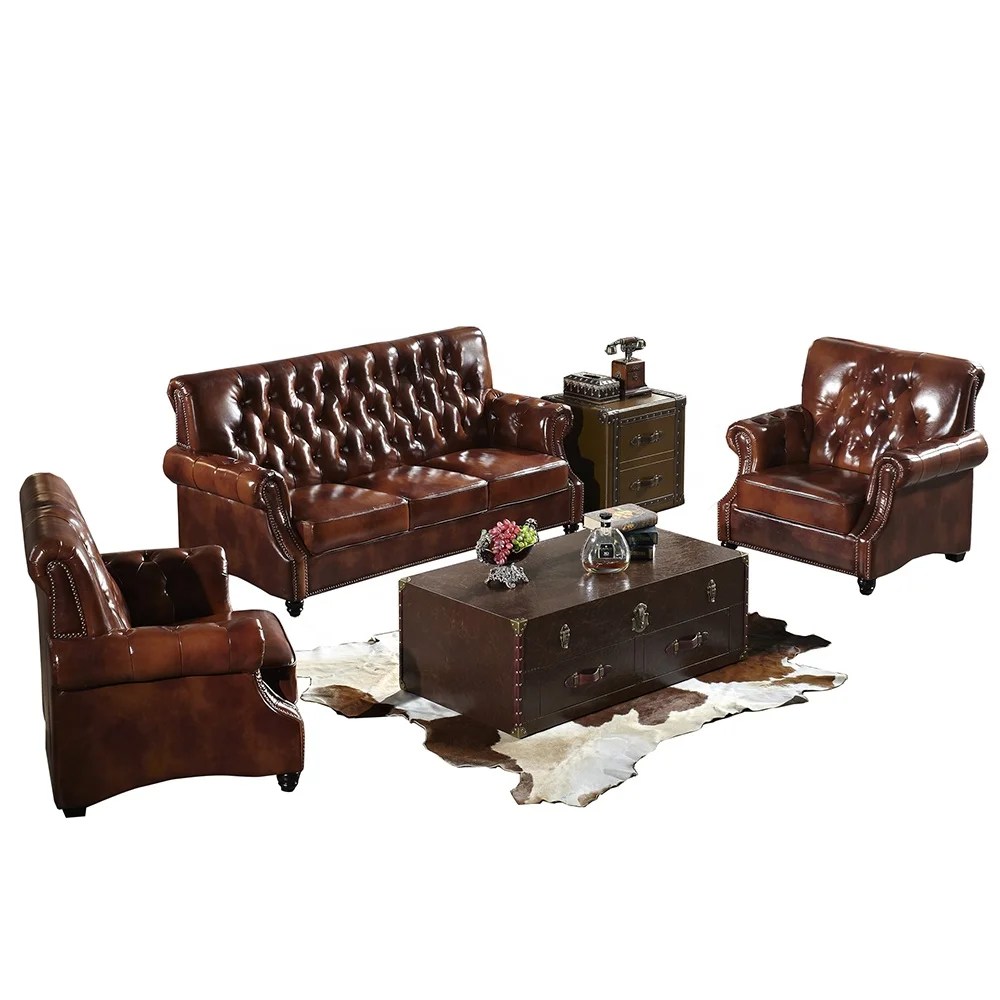 Leather Couch Sofa Living Room Furniture Retro Mid Century 1 2 3 Seater Chesterfield Modern Home Furniture Set American Style