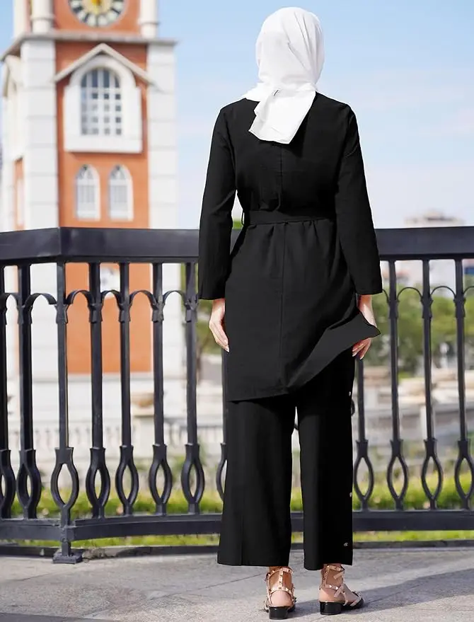 Elegant Outfit with Waist Belt Black, Fir Green, Copper Brown, and Dusty Blue Modest Tunic and Pants Set for Muslim Women