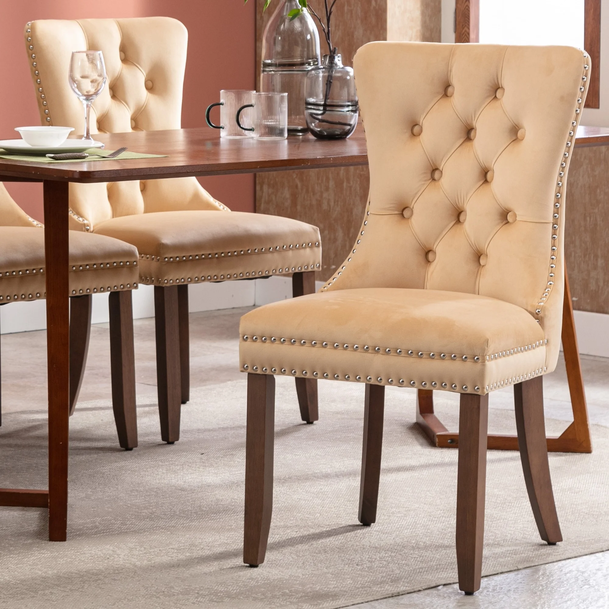 Exquisite Beige Velvet Upholstered Dining Chair