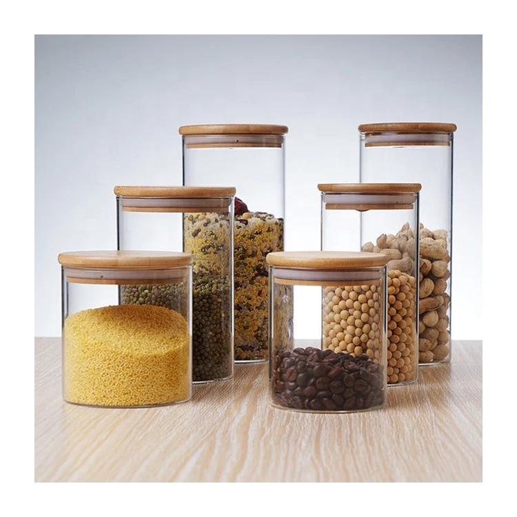 High Borosilicate Refrigerator Use Glass Spice Jar Glass Food Storage Jar With Wood Lid Bamboo Lid
