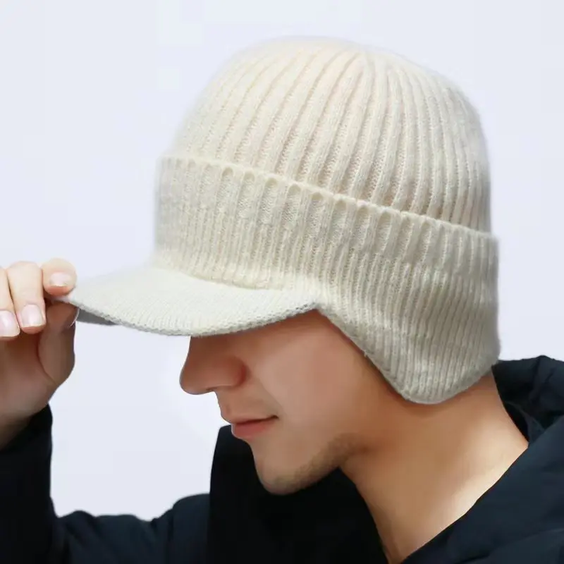 Mens Outdoor Hat Winter Warm Thick Knit Beanie Hat with Visor Beanie with Brim