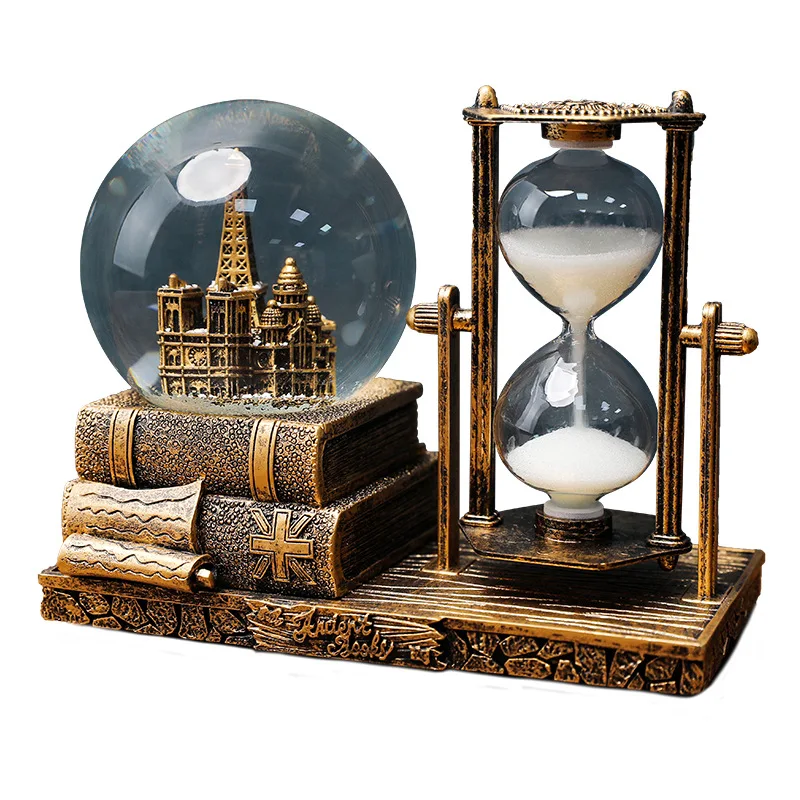 Retro Tower Hourglass Sand Timer Fantasy Crystal Ball Glowing Music Box Home Decoration Craft Student Gift