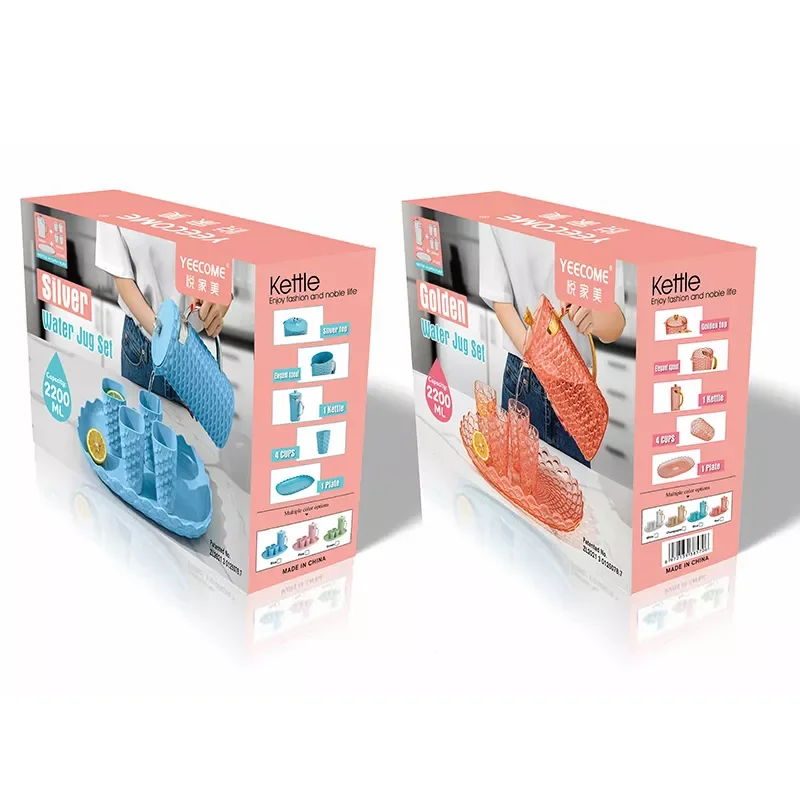 Custom Logo  PS Plastic Fish Scale Kettle Sst Orange Transparent Drinkware Water Jug Set With 4 Cup And Tray Acrylic Pitcher