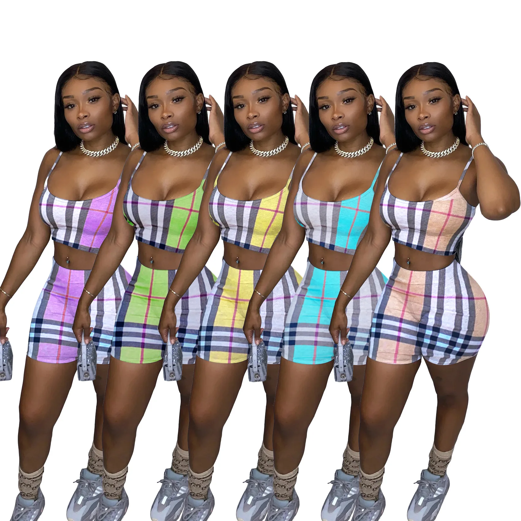 L000602Y 2022 Casual Plaid Plus Size Two Piece Set New Sleeveless Crop Tops + Skinny Shorts Hot Selling Women Summer Outfit