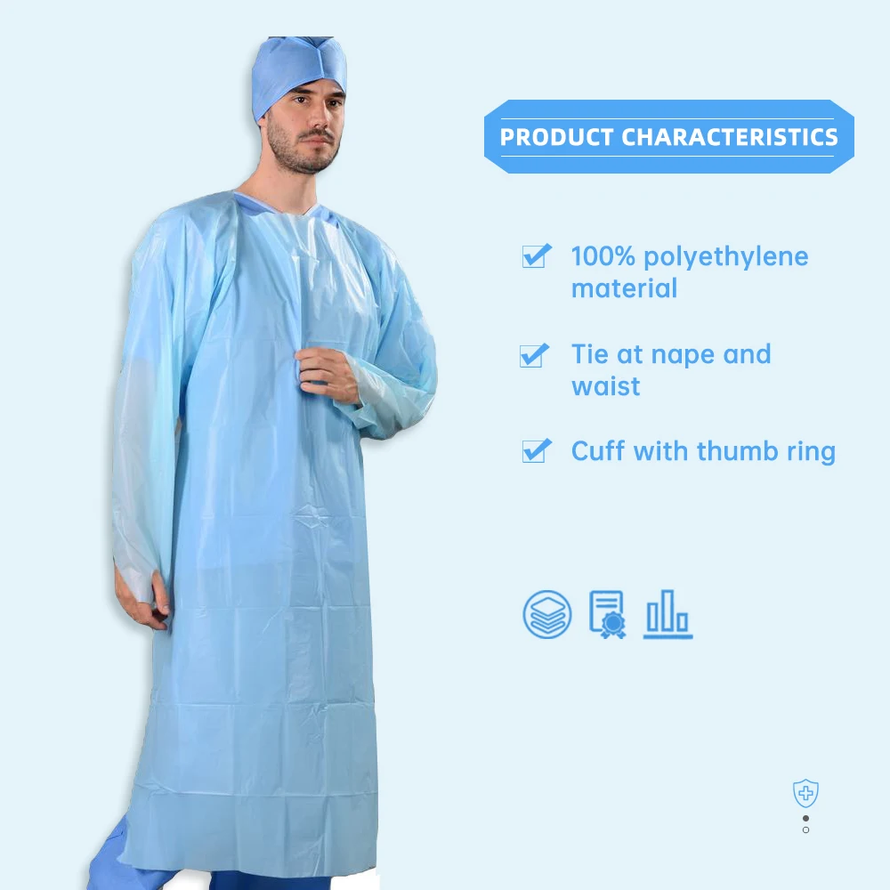 Blue & White disposable waterproof Plastic patient cpe gown with rubber rolled cuff Available in standard and reinforced