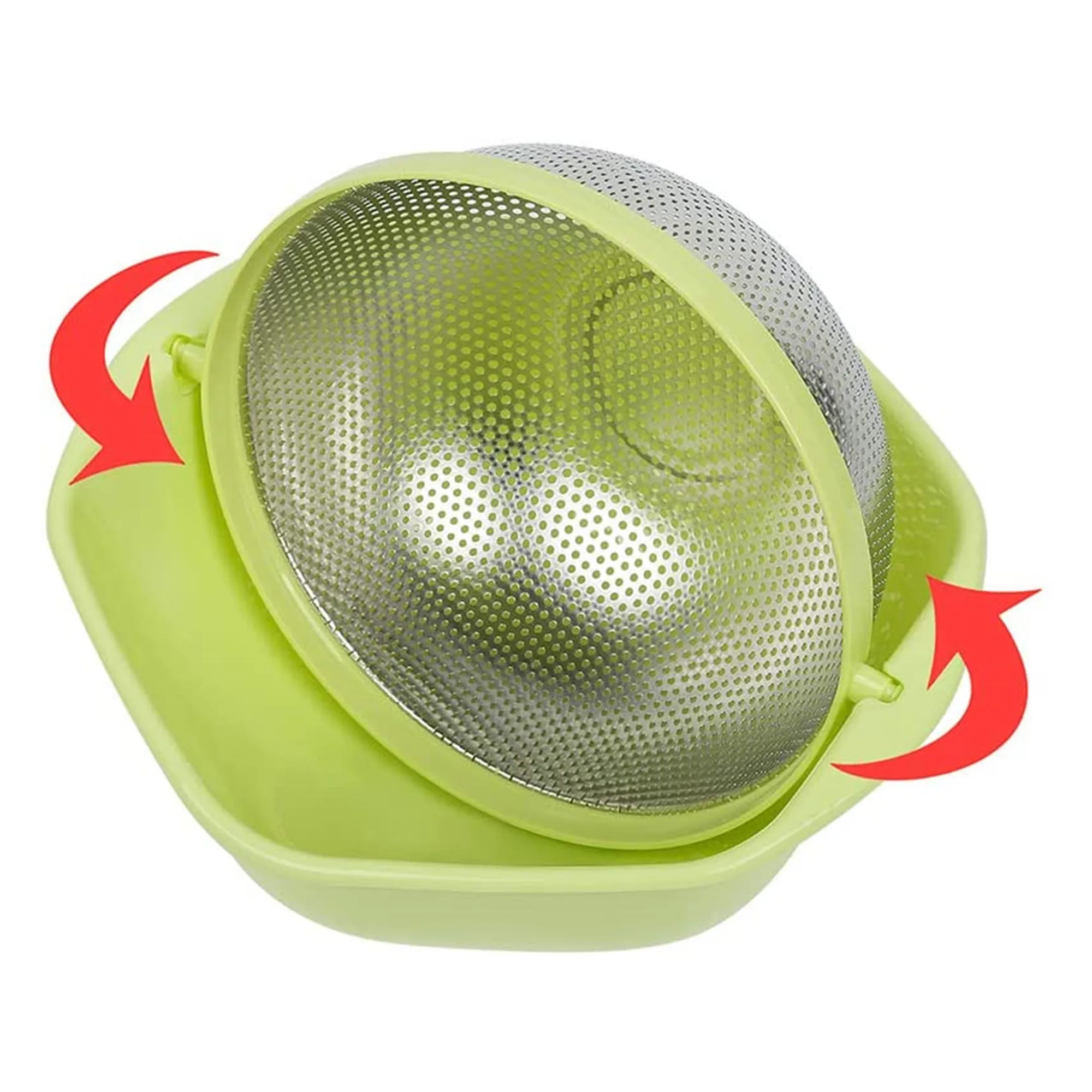 2 in 1 Stainless Steel Colander Degree Rotational Strainer and Washing Bowl Basket Set for Fruit Vegetable Pasta Spaghetti Grain