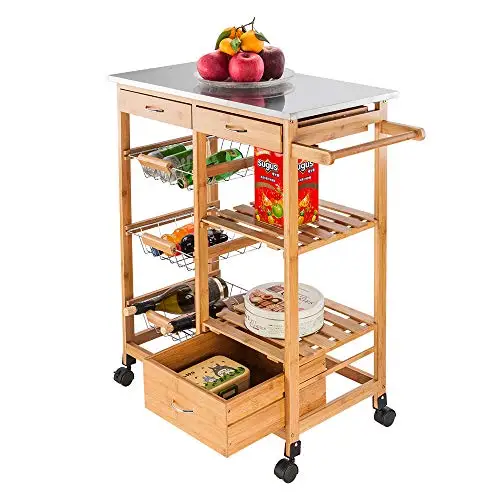 
natural bamboo wood kitchen island trolley cart with 4 wheels 