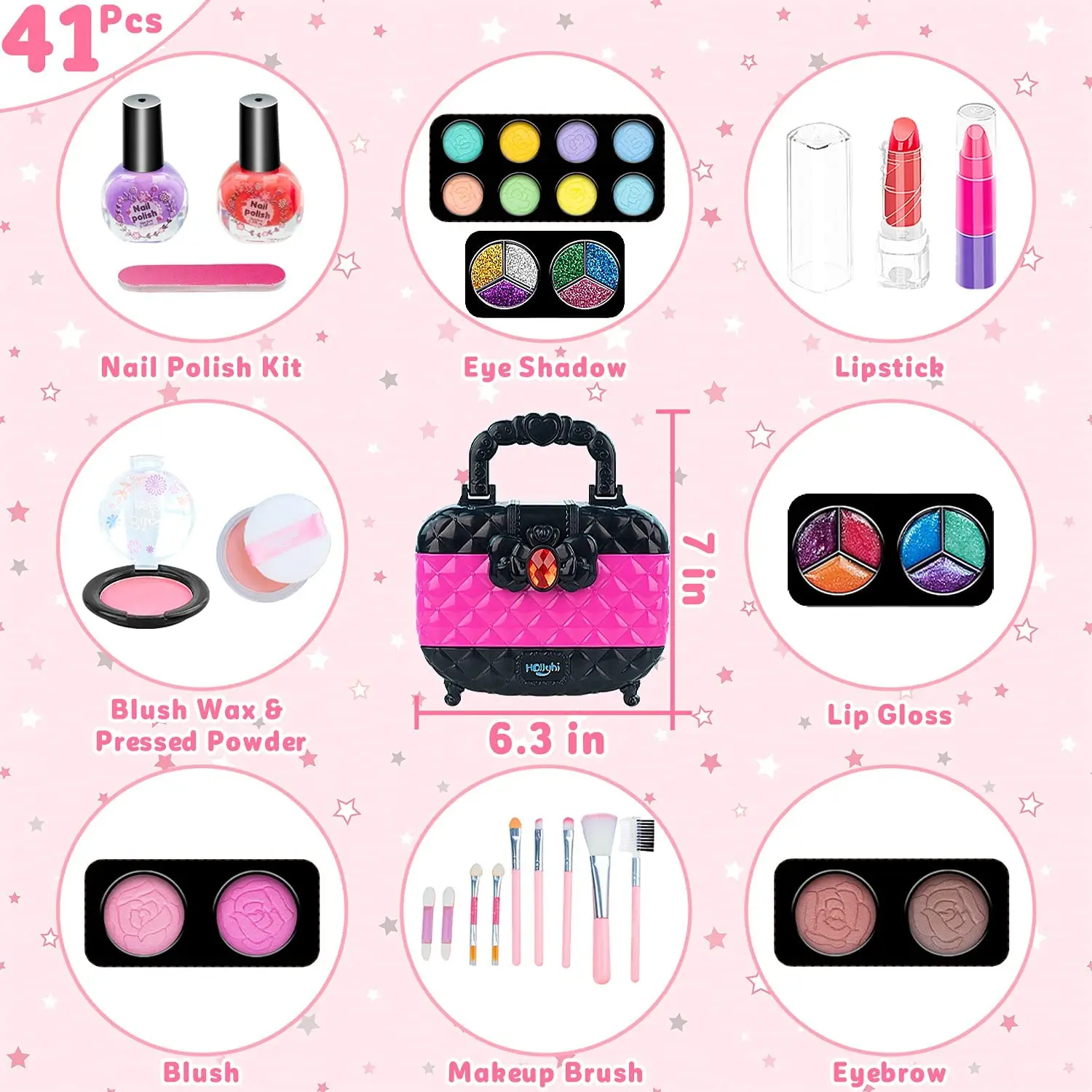 41 Pcs Kids Makeup Toy Kit for Girls, Washable Makeup Set Toy with Real Cosmetic Case for Little Girl, Pretend Play Makeup