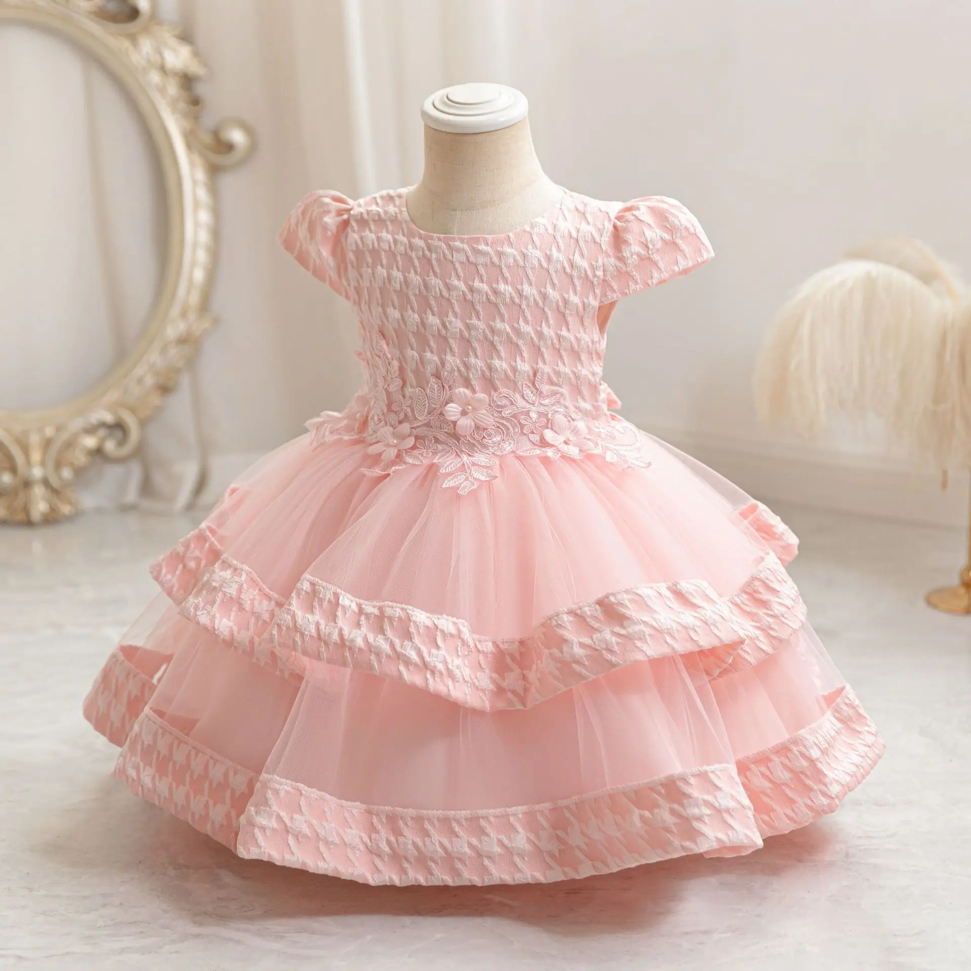 Wholesale Mini Floral Design Short Sleeve Kids Clothing Beautiful Satin Fabric with Flower Decoration Formal Style Summer Season