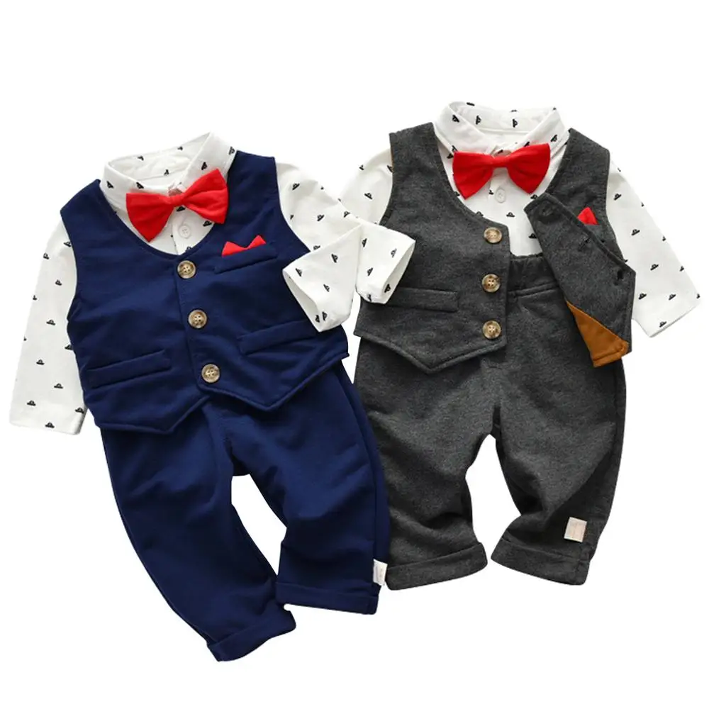 Wholesale Baby Boy Suits Newborn Boys Clothes Romper Sets With Bow Tie Formal Clothing Suits Long Sleeve Cotton Rompers