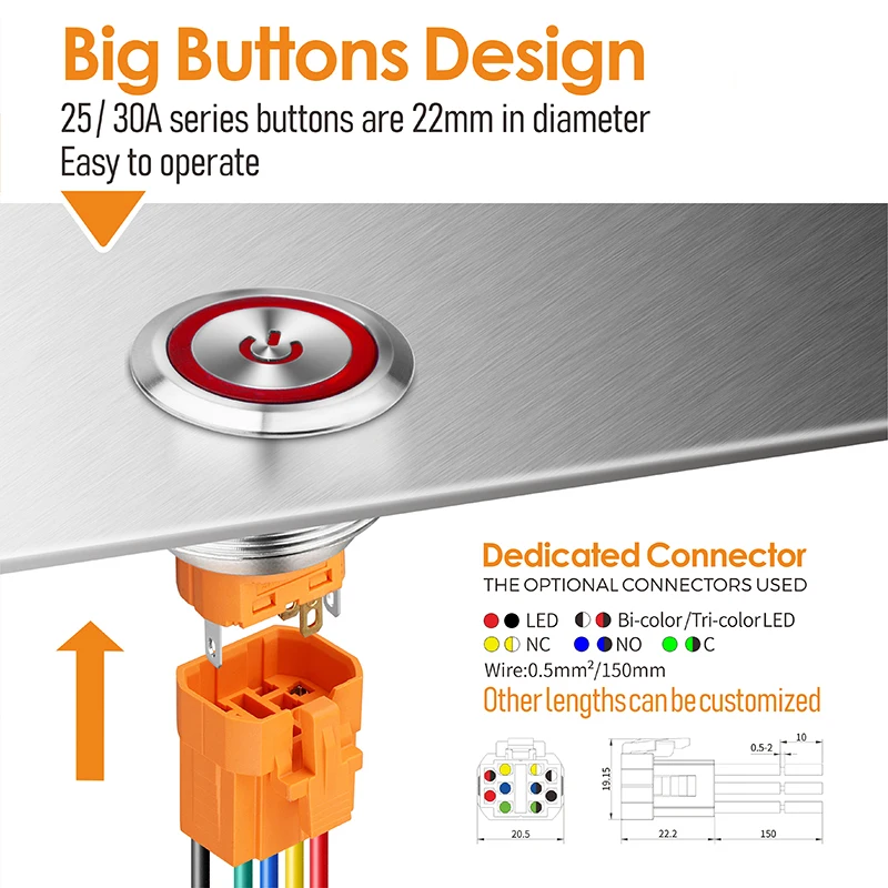 LANBOO  25/30mm Bi-color RGB LED Metal Push Button Switch Momentary Latching Waterpoof 2no2nc Button On Off Stainless Steel