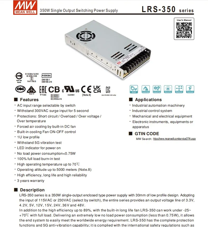 Output12V 24V 36V 48V Switching Power Supply LRS35024 LRS35048 LRS45024 LRS60024 MeanWell 350W 450W 600W