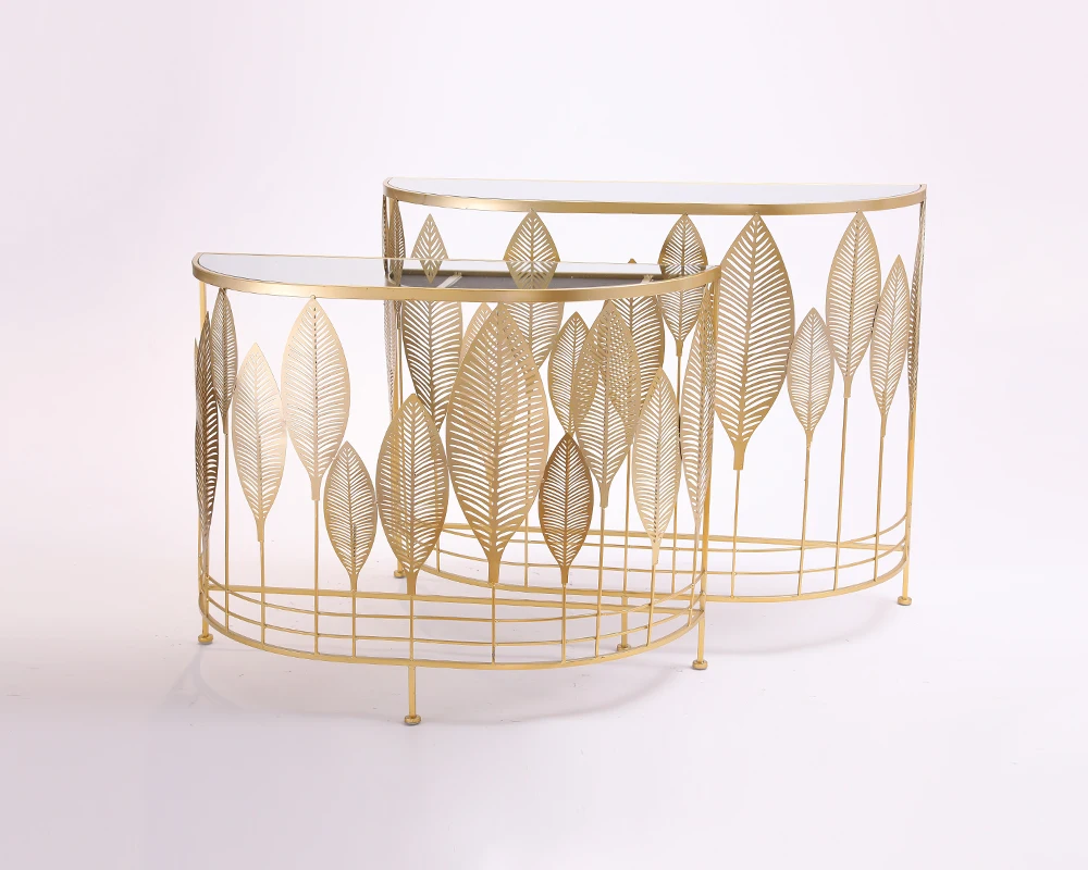 Medieval porch table, modern semi-circular side porch table, golden metal frame mirror porch table