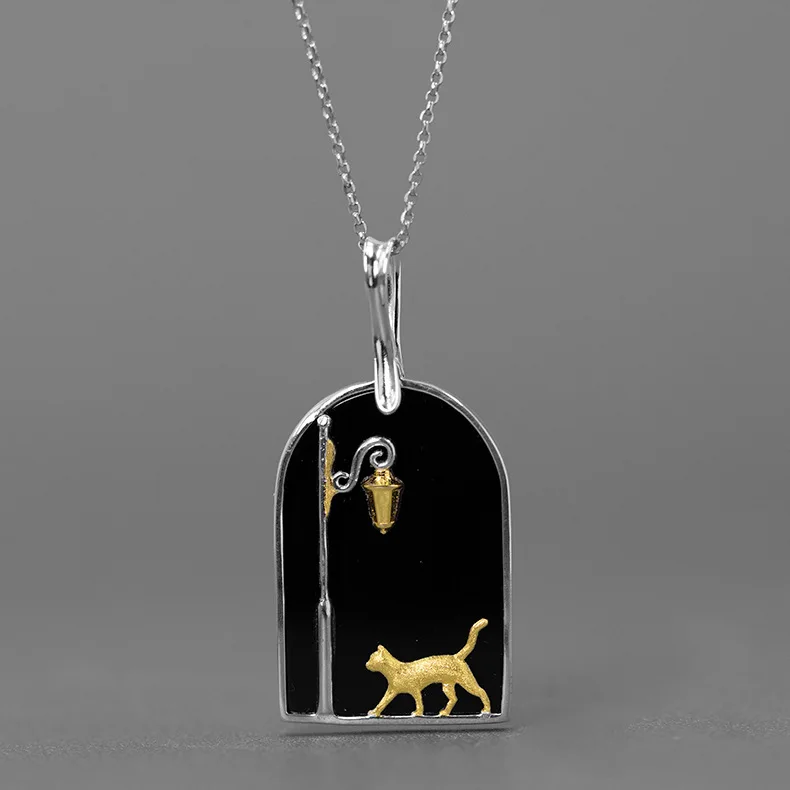 
Natural Black Agate Cute Cat under the Street Lamp Pendant 2021 Jewelry 