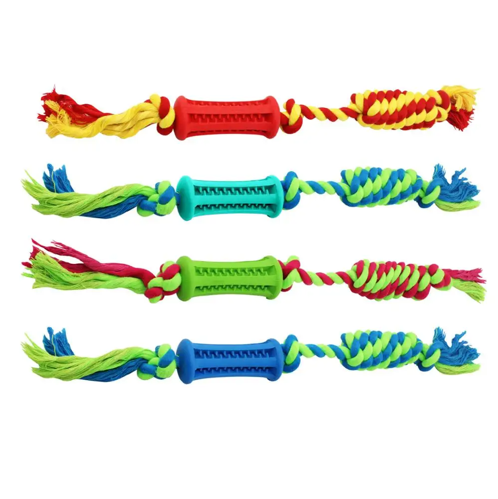Pet Rubber Interactive Dog Toy Bite Resistant Teeth Cleaning Cotton Rope with Rugby Ball Chew