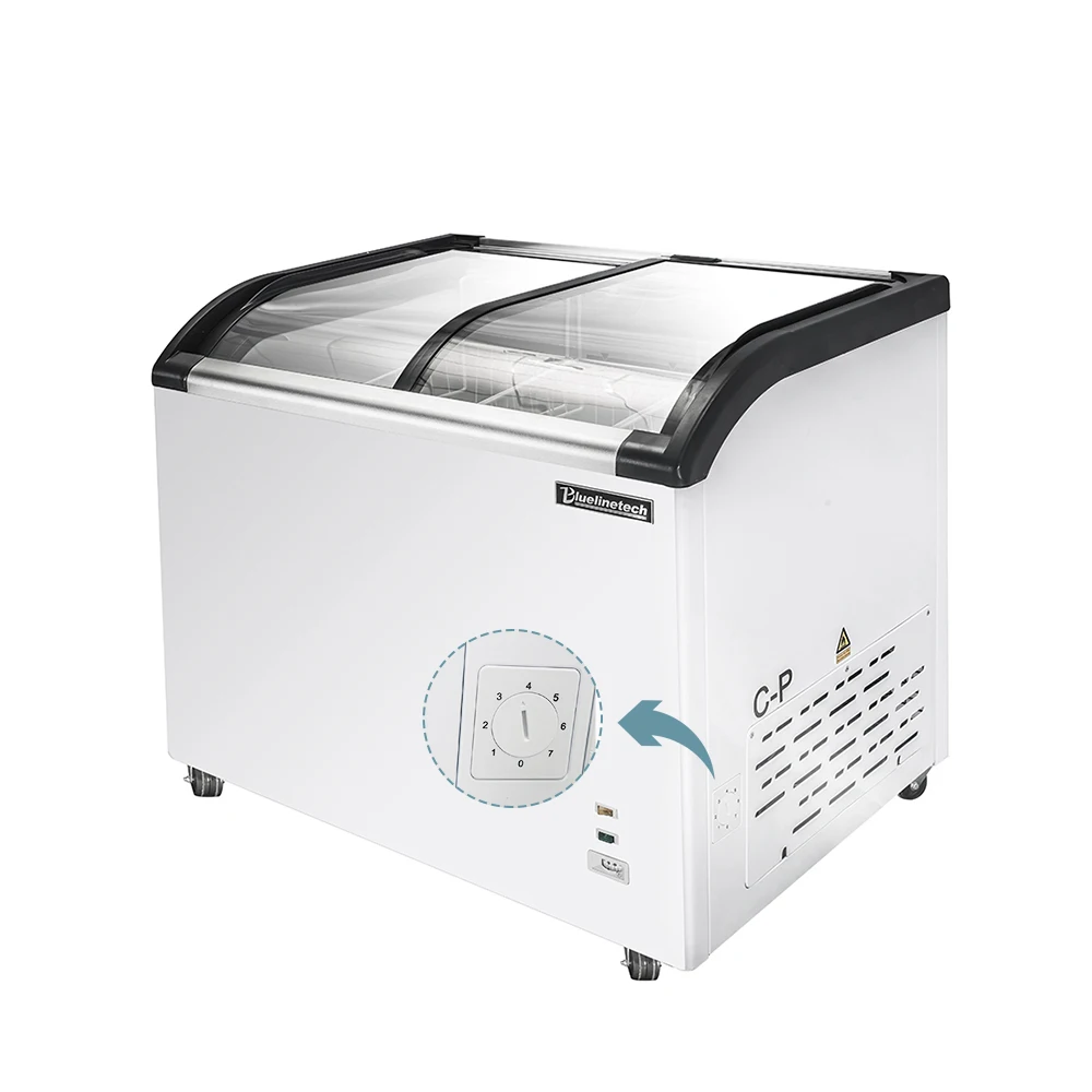 Supermarket Curved Glass Door Meat Showcase Commercial Island Chest Freezer