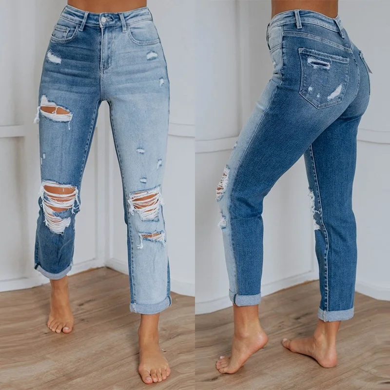 Trendy European And American Pencil ripped Pants Light Blue Light Color Stretch Jeans Women Pants mixed trousers
