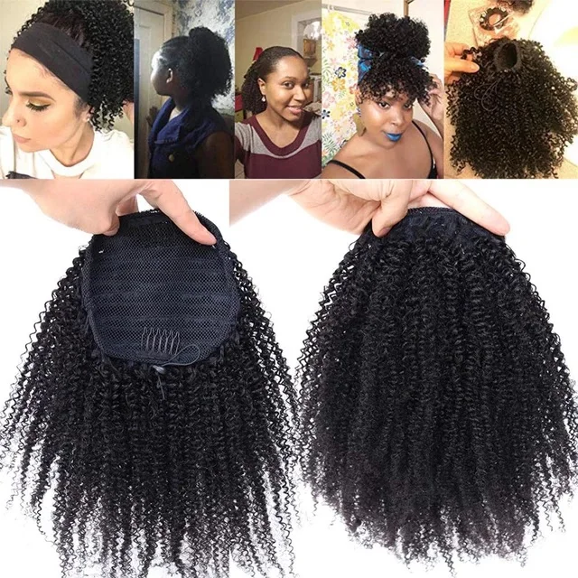 100% Brazilian Human Hair 4B 4C Afro Kinky Curly Natural Color drawstring mink virgin hair Lot Adjustable Clip-in Ponytail