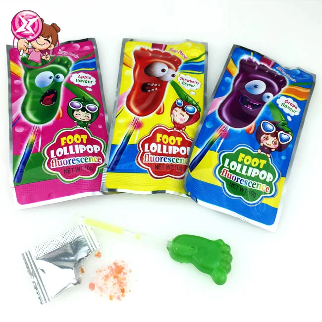 Foot Shape Sweet Fluorescence Glow Stick Hard Lollipop Candy With Popping Candy