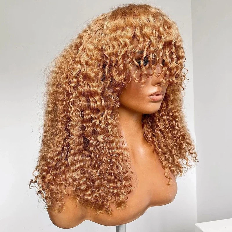 Honey Brown 27 Ginger Curly Bob 360 Lace Frontal Wig With Bangs 180% Density Brazilian Virgin Human Hair Wigs For Black Women