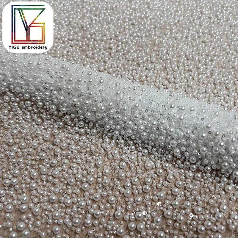 luxury white hand beaded fabric wedding tulle high density pearl lace bridal Beads sequin lace fabric