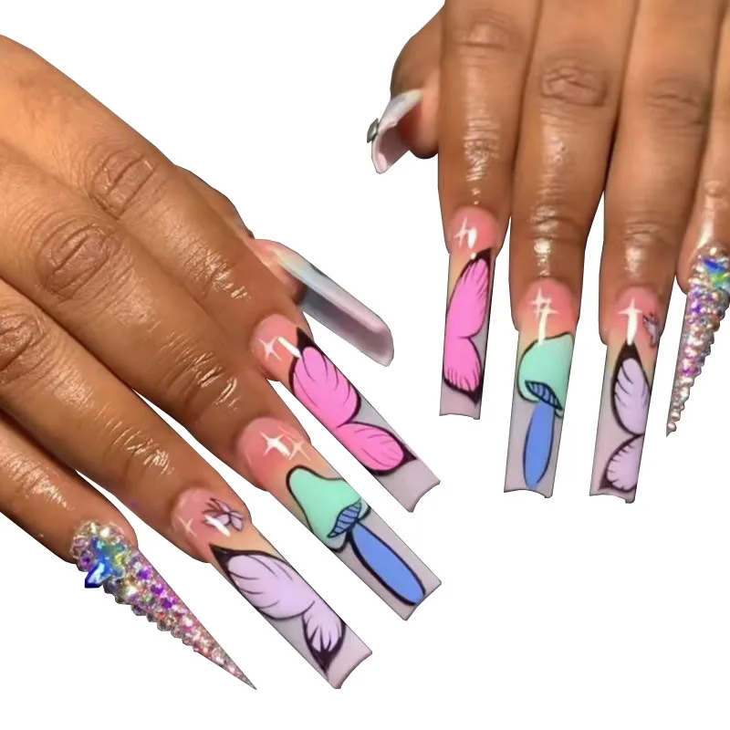 French Butterfly Fake Nails Long Blue Coffin Press on Nail Tips Artificial Full Cover Ballerina Wearable False Nails Art 24pcs