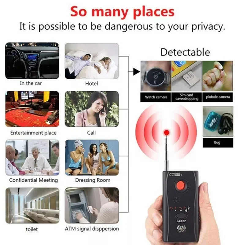 Handheld Cc308 High Sensitivity Hidden Camera Detector Anti Spy Built In 3D High Performance CPU Fast Locating Tracking Detector