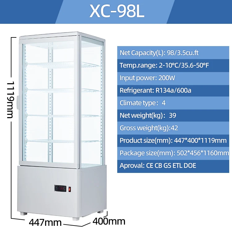 98L Inside LED light Cake Bakery Showcase Four Sides Glass Display Cooler Freezer Refrigerators Fridge with Sliding Door