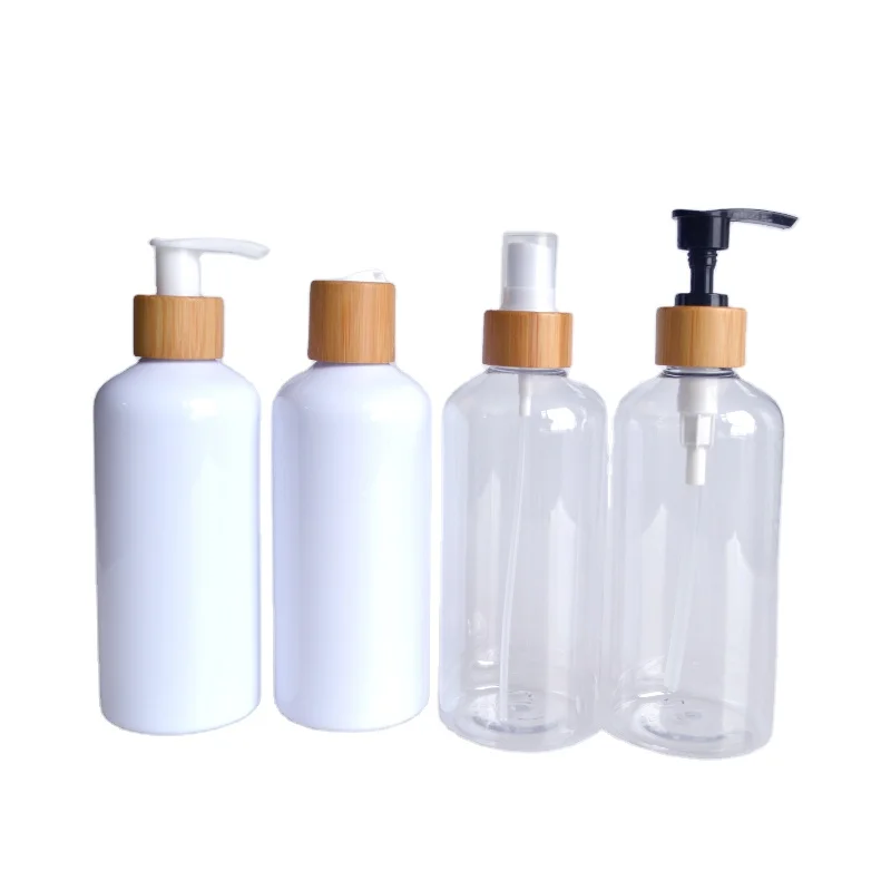 Bamboo Lid Cosmetic Packaging Pet Pump Lotion Bottle Wooden Cap Frosted Plastic with Bamboo 30ml 60ml 120ml 250ml 500ml Amber