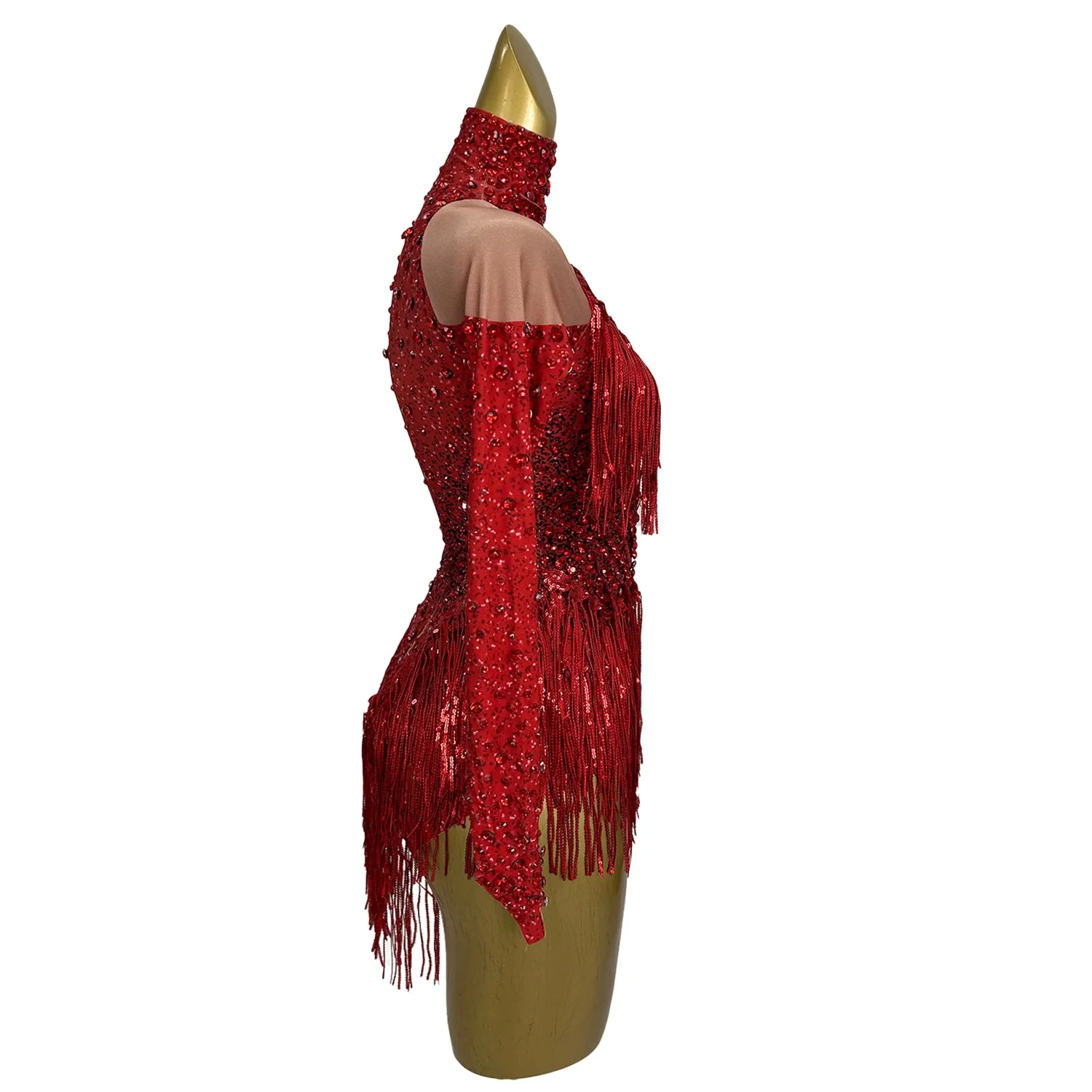 Sexy Red Fringes One Piece Jumpsuits Cheerleaders Drag Queen Las Vegas Show Stage Performance Dance Costume Rhinestone Bodysuit
