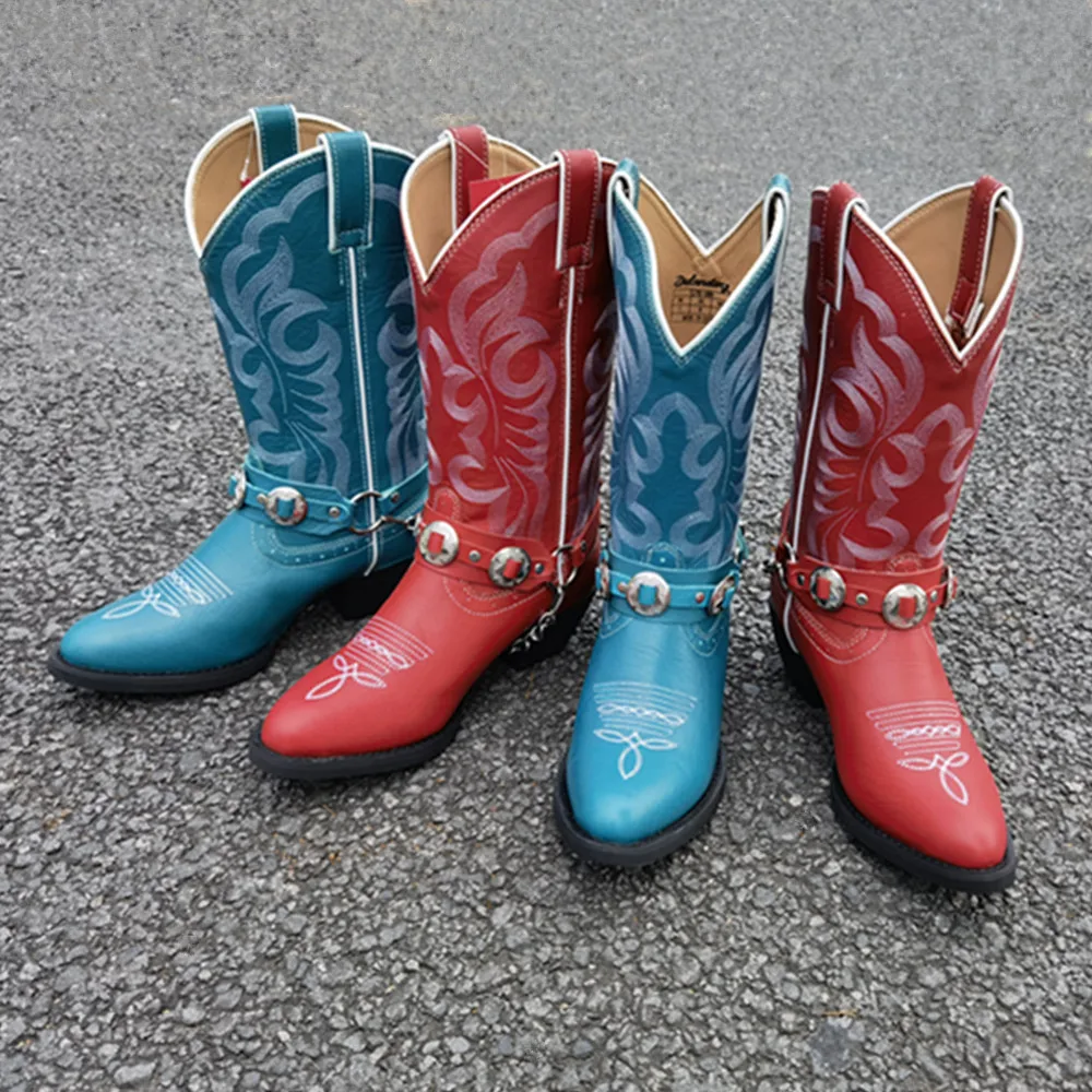 Blue Stitched Embroidered women ladies cowgirl fashion comfortable winter summer autumn western boots