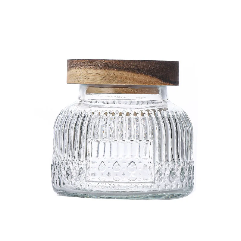 Transparent glass tea jar Household vintage pattern sealed jar Snack candy storage jar 260ml350ml750ml bamboo cover wooden cover