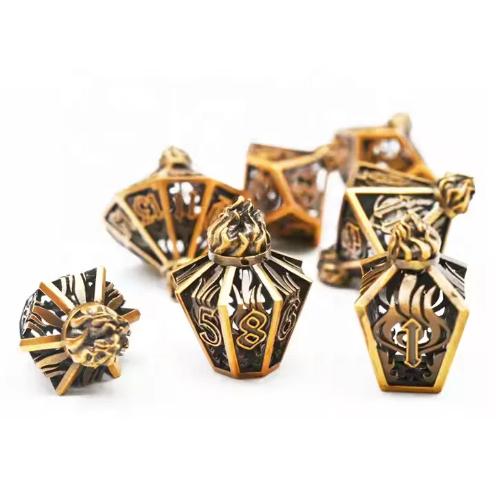 Unique Dnd Gift Bulk Yellow Flame Exquisite Hollow Bottle Polyhedral 7 Pcs Dice Set Role Playing Metal Dungeons Dragons Dice