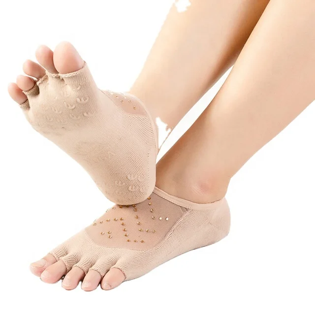 AJ18587 Combed Cotton Black Sparkle Sequins fish Net Anti Slip Yoga toe Socks women fish net yoga socks anti slip dots sole Set