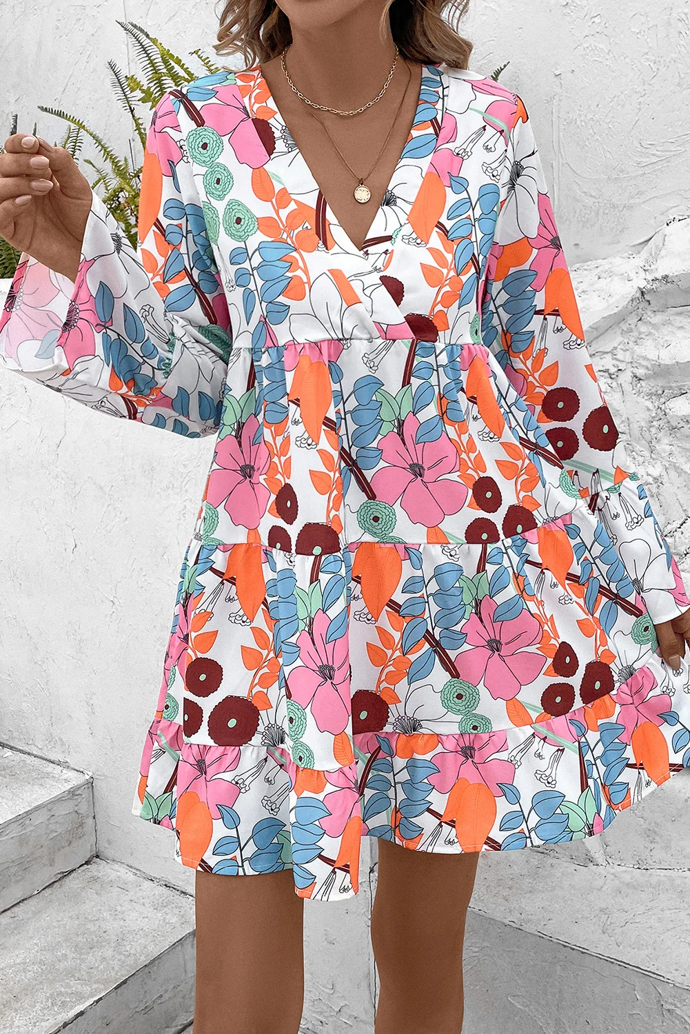 Dear-Lover Wholesale Long Sleeve White Floral Tiered Mini Dress