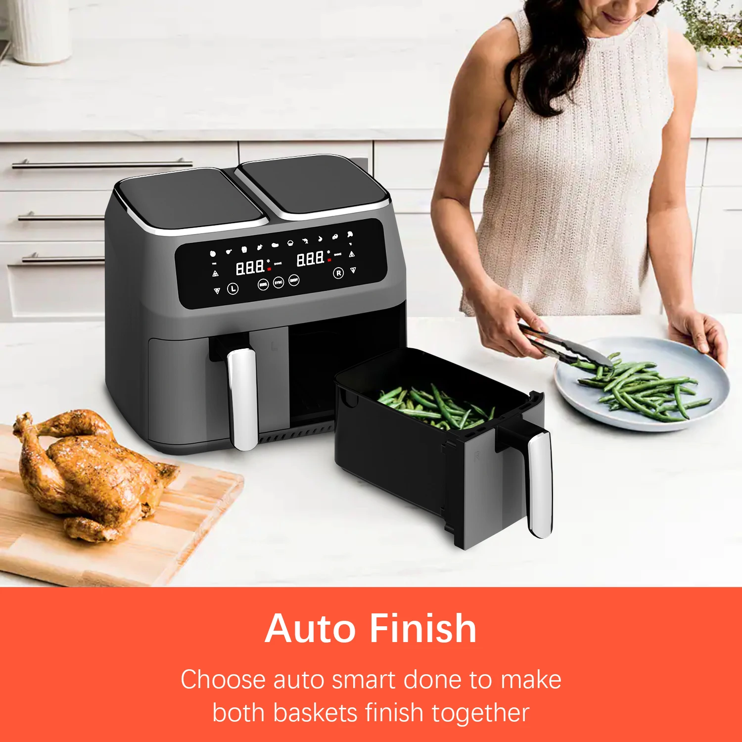 Household 2 Baskets OEM Customized Double Air Fryer Electric Smart Air Fryers 7L with Touch Screen