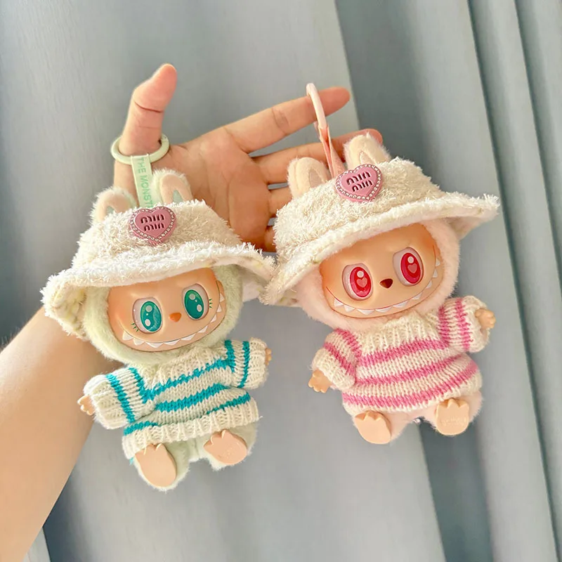Only clothing High Quality Labubu v.2 keychain clothing pendant pink and white striped sweater set