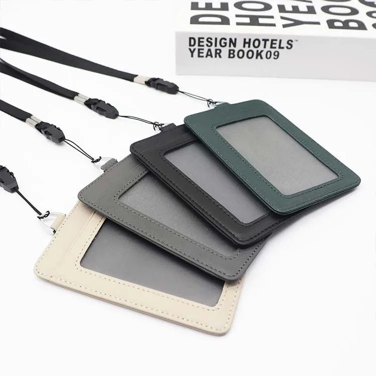 Dropshipping Vertical Style Genuine Leather Work Id Card Holder Name Badge Holder With Flat Lanyard Business Badge Holder