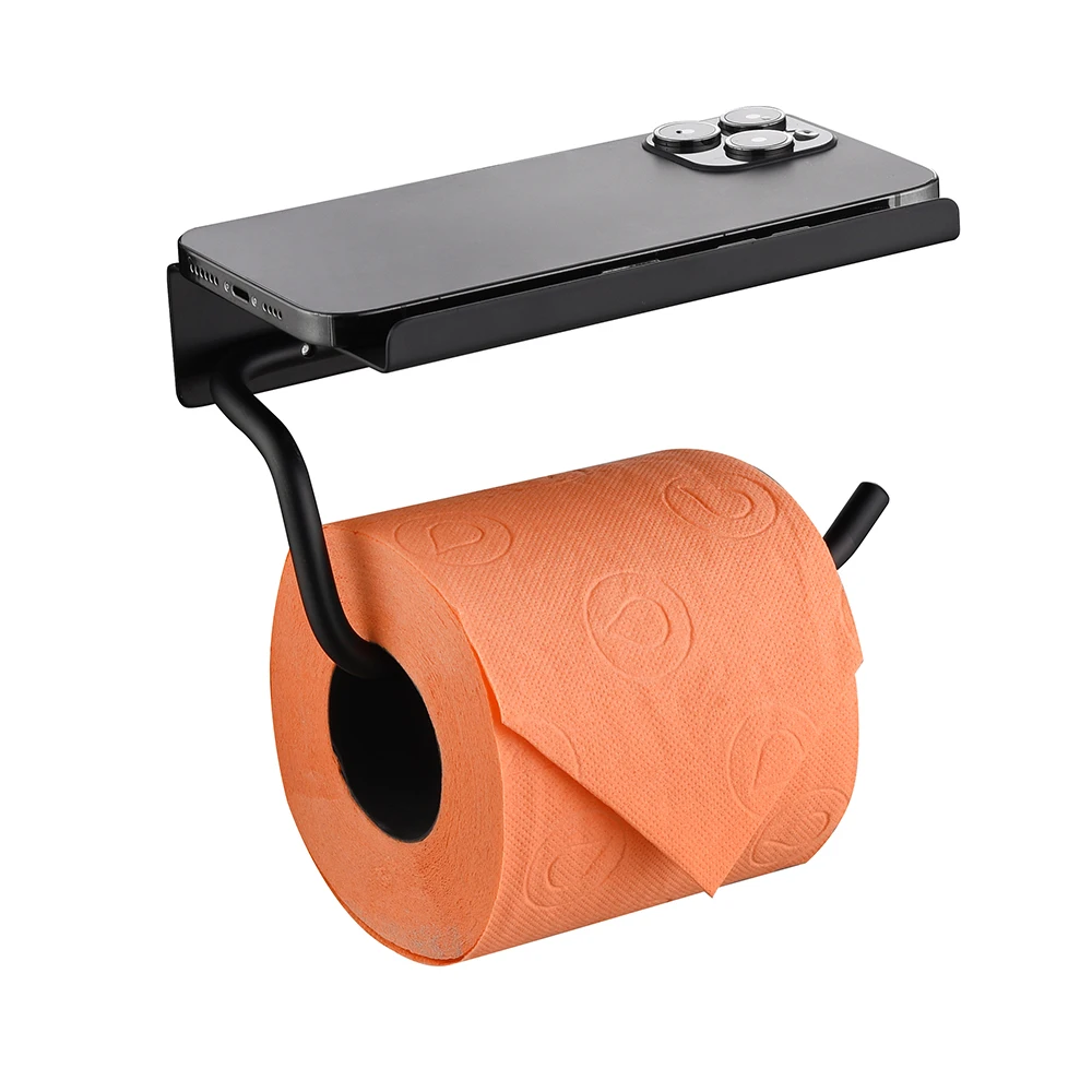 304 Stainless Steel Black Wall Mounted Bathroom Roll Tissue Toilet Holder With Mobile Phone Shelf