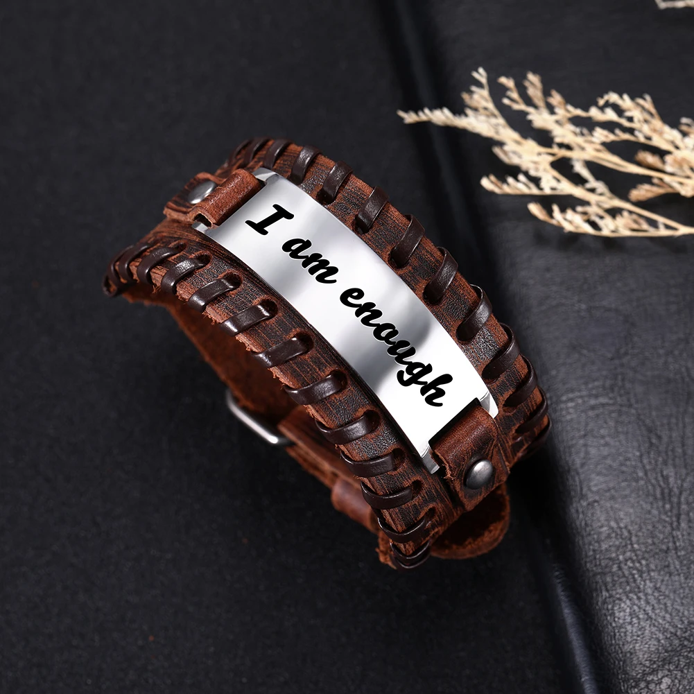2019 Stainless Steel Engraved Bracelet Personalized bracelet men leather Inspirational Cuff Bangle For Gift