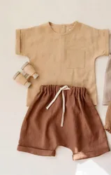 Cotton Linen Pocket Top Shorts Two Piece Baby Boys Clothes Set Summer Suit Boys Clothes