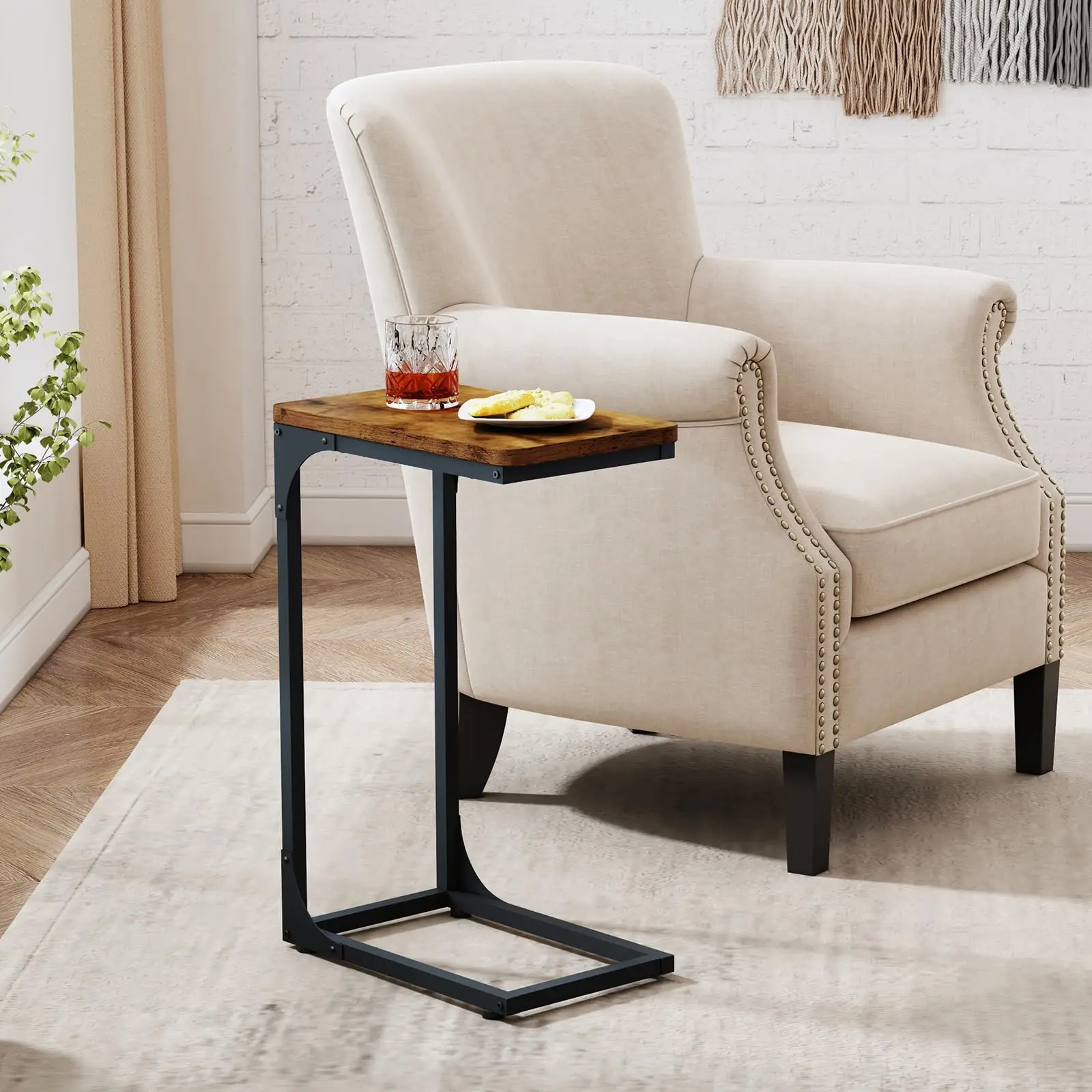 C Shaped Coffee Side Table Set of 2 Slim Couch Tray Tables Rustic Wood Grain and Black Metal table