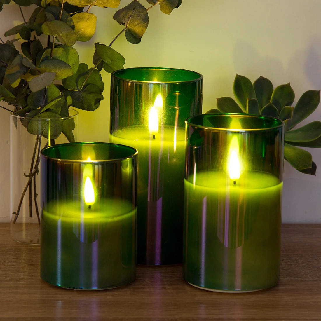 Wholesale 3d flameless Wedding pillar paraffin wax green glass led scented candles