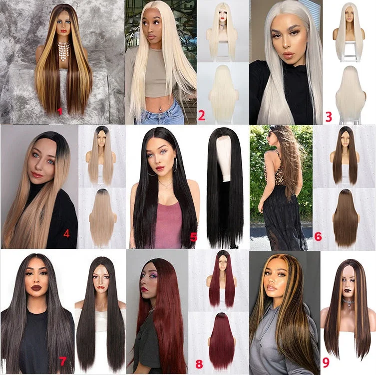 Middle Part Heat Resistant Fiber Long Straight Ombre Blonde Orange Yellow Synthetic Cosplay Wig for Women Natural Looking